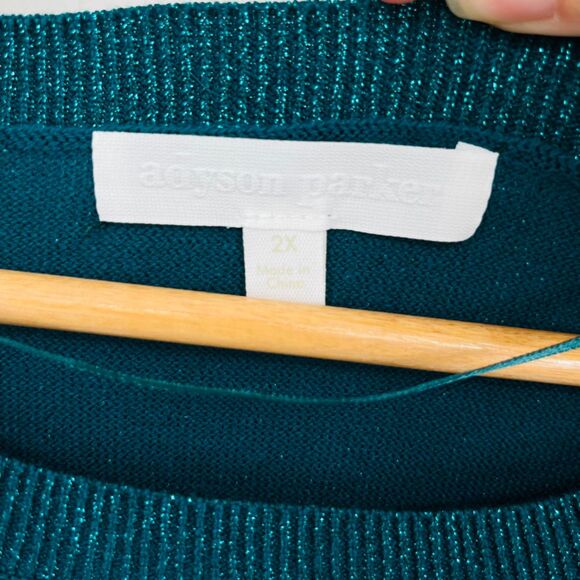 Adyson Parker Crewneck Metallic Knit Pullover in Peacock Teal, Sz 2X, Sparkle - Picture 10 of 11